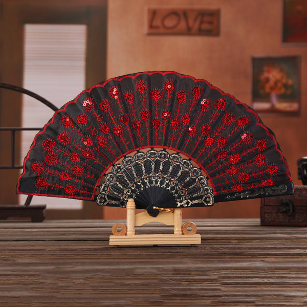 Lolita Feather Folding Fan Sweet Fairy Girl Dark Gothic Court D Red