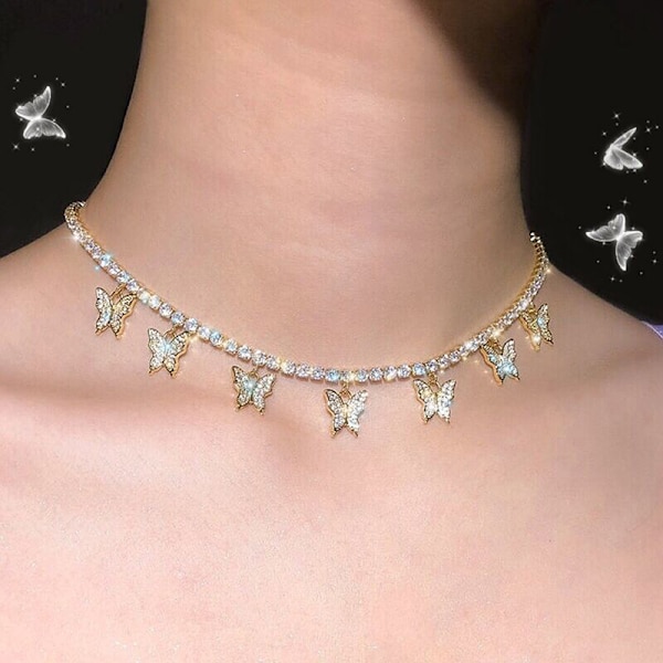Kvinner mote Rhinestone Butterfly anheng Halskjede Retro gull Gold
