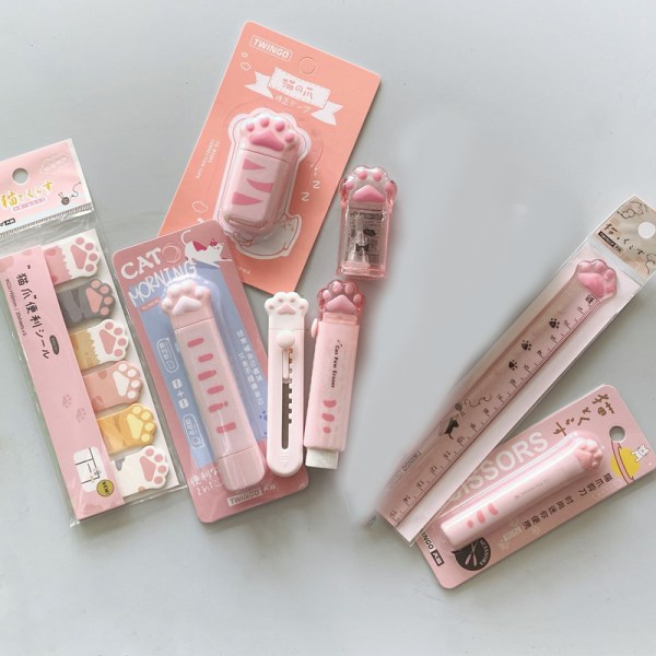 8 stk/sett Kids Girl Pink Cat Paw Skrivesaker Sett Memo Pads Eraser