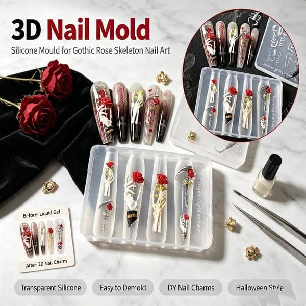 Rosblomma Skalle Silikon Nagelkonstformar DIY Skeletthand Nagel A2
