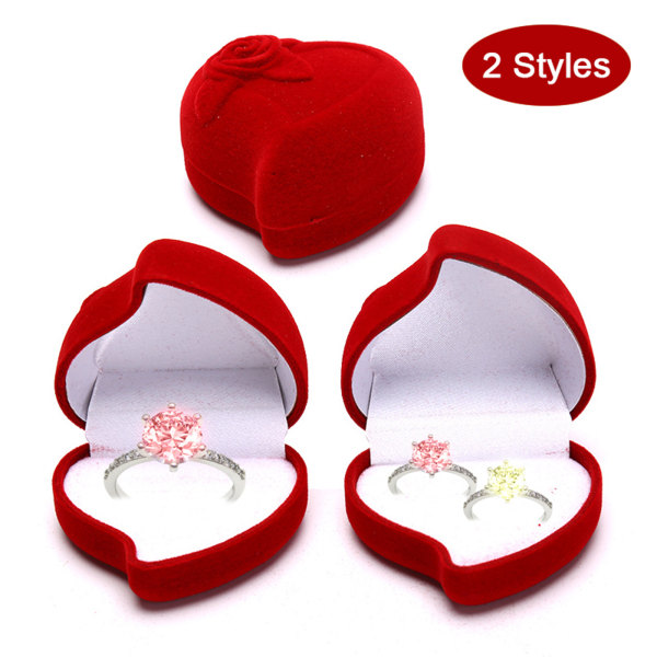 Röd hjärta form sammetsring box förlovningsbröllop smycken A