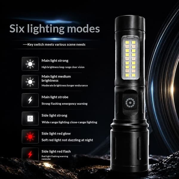 LED+COB-taskulamppu zoomattava pieni taskulamppu sivuvaloilla USB-ladattava A1