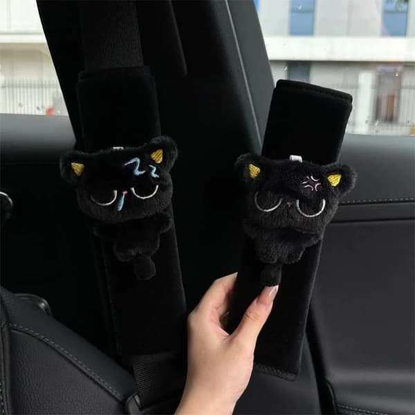 Plysch Svart Katt Bilbälte Axelvaddar Mjuka Fluffiga e Tecknade A4