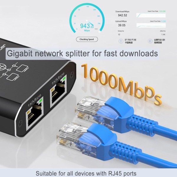 Gigabit RJ45 Network Splitter 1000 Mbps 1 til 2 veier Lan Ethernet A2