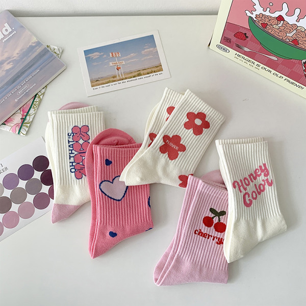 Pink Flower Damstrumpor Mode och Sweet Harajuku Cotton Socks C A2