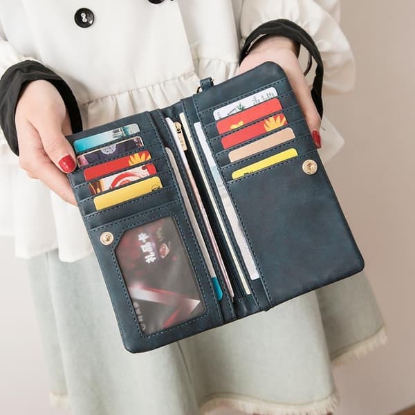 Retro Lang Lommebok for Kvinner Stor Kapasitet Dobbel Brett Multi Kort Navy blue