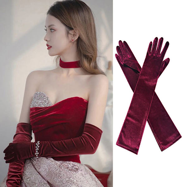 Xmas Noble Banket Style Kvinder Velvet Lang Middagskjole Handsker Dark green