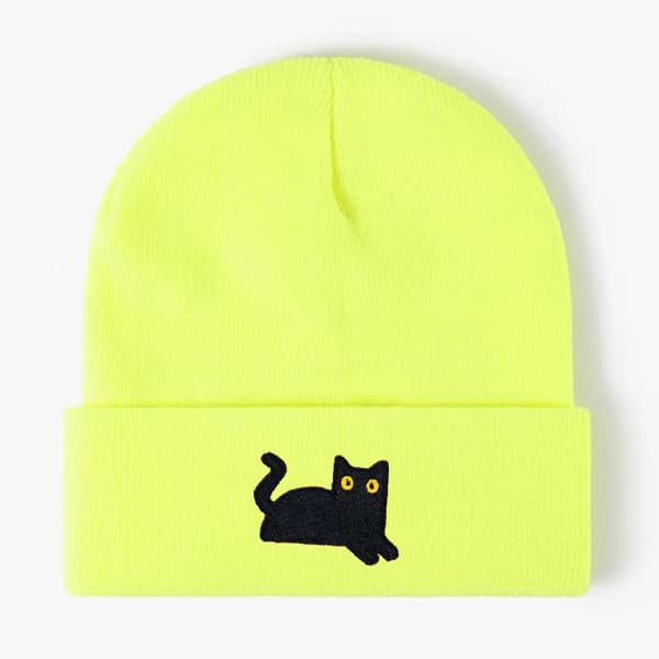 Elastiske og lette strikkeluer med brodert svart katt Yellow