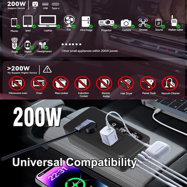 200W 12V til 220V til EU-stik Bilinverter Lighterstik USB A3