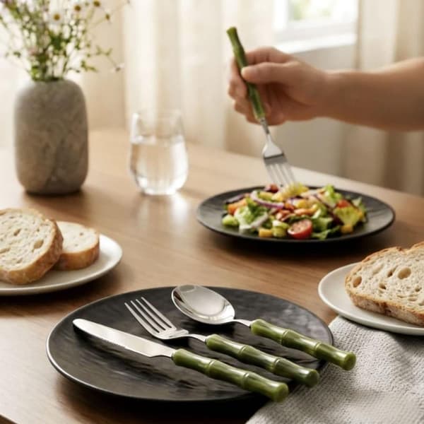 Köksbestick Bambuhandtag Rostfritt Stål Gaffel Tesked Sked Green C