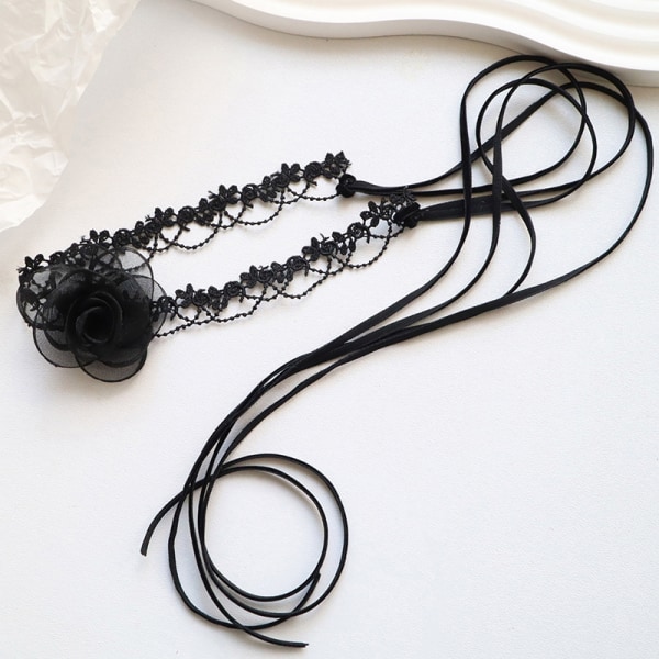 Fairy Style Temperament Black Camellia Choker Langt bånd Vinta A2