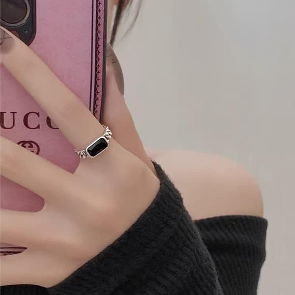 Mode Firkantet Sort Rhinestone Ring Kvinder Justerbar Åben Ring 1pc