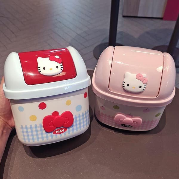 Hello Kitty Skrivbordsliten Papperskorg med Vipplock för Sovrumskontor D