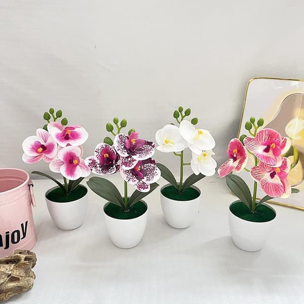 Kunstig orkidé i potte, mini Phalaenopsis, plastblomstdekorasjon A2