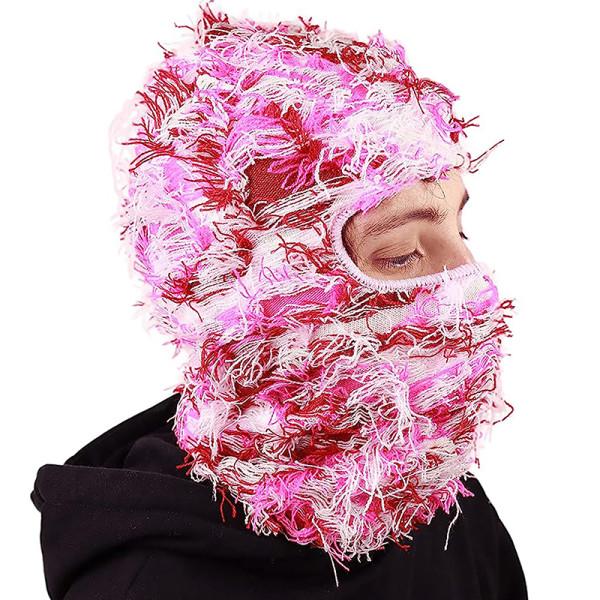 Hip Hop Balaclava Distressed Knitted Caps Full Face Ski Mask Pink