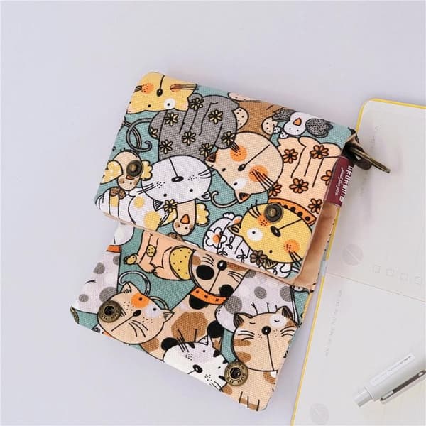 Canvas Tecknad Katt Tryckt Unisex Trefaldig Kort Plånbok Pengar Nyckel E