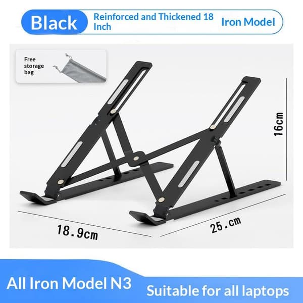 Bärbar datorställ i metall, hopfällbart, bärbart, höjer L Black