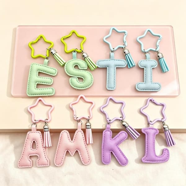 Kawaii Star Nyckelring Tofs Läder A-Ö Initial Väskberlocker Dam B