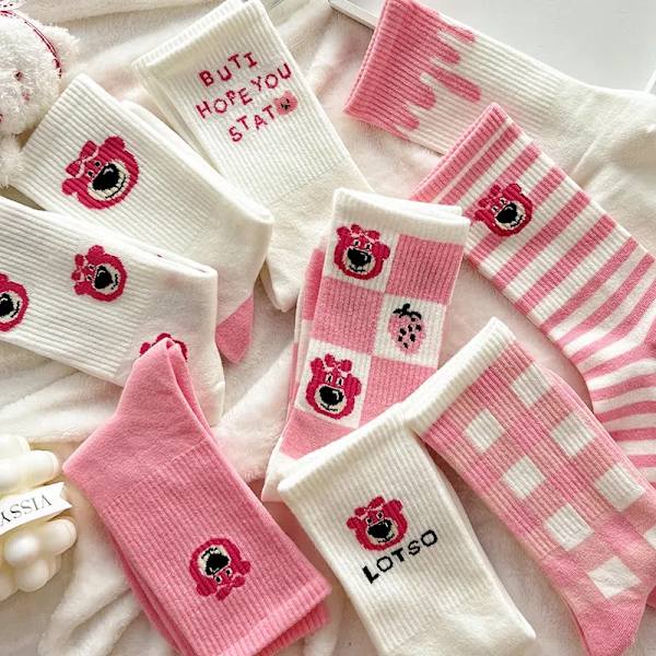 Pink Bear Cartoon og Sweet College Style Høst Vinterstrømper R