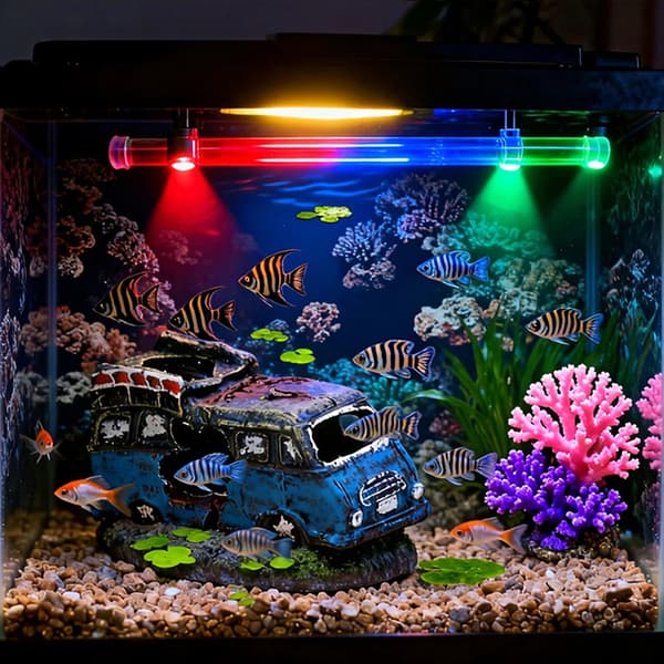 Akvariepynt formet som bilvrag med gemmesteder A4