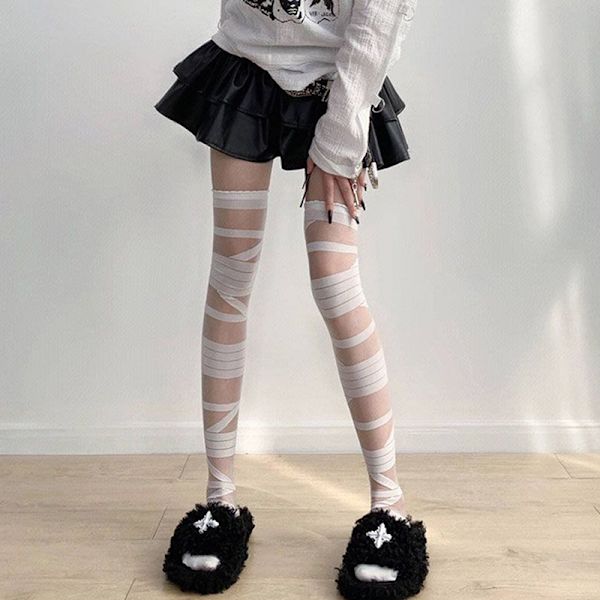 Kvinder Bandage Stripe Langstrømper Kvinde Lolita Jk Y2k Sexet White