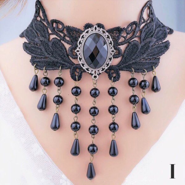 Vintag Classic Gothic Lace Choker For Damer Black Crystal Pend I
