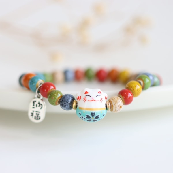 Mode e Lucky Cat Armband för tjejer Justerbar färgglad pärla A4