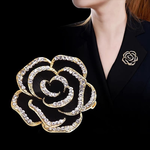Mode Rhinestone Camellia Blomma Emalj Brosch Kvinnliga Lapel