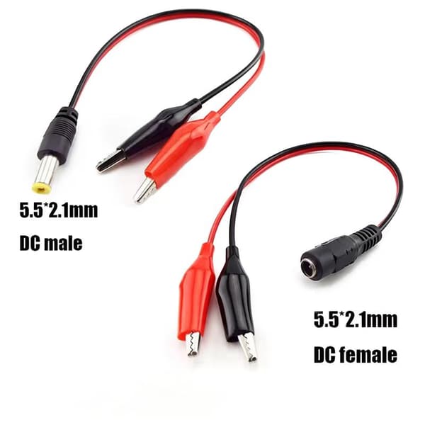 2 krokodilleklemmer til han- eller hun-DC-stikadapter 55x21mm female