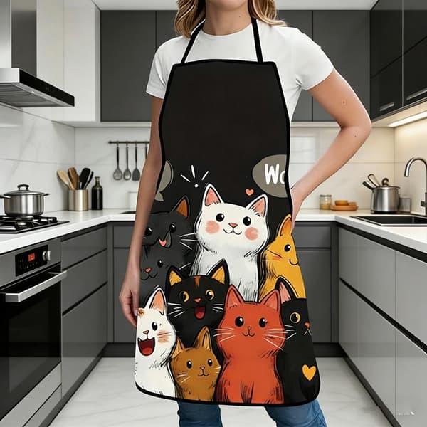 e Cat Mønster Polyester Forkle Levende Tegneserie Katter Med Hjerter Black