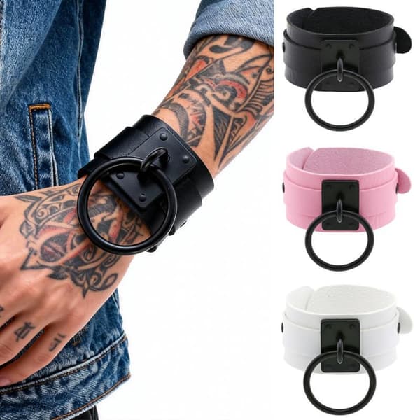 Brett PU-läder Punkarmband Stor O-ring Justerbar för Goth H