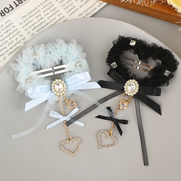 Mode Strass Hjärta Rosett Tofsar Hårklämma Flicka Kvinnor Elegant Black Left