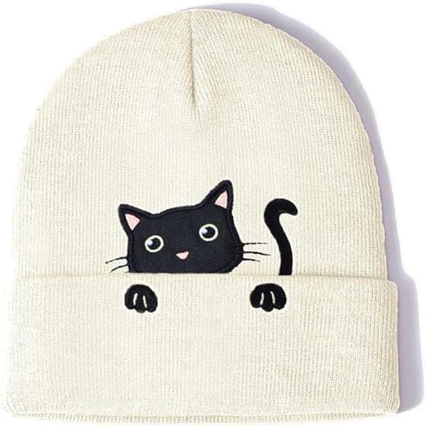 Vinter Kvinne Katt Brodert Lue e Katt Akryl Strikket Lue Black