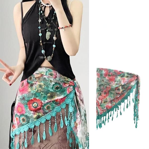 Boho dusk trekant skjerf kvinner vintage blomstertrykt blonde midje A3