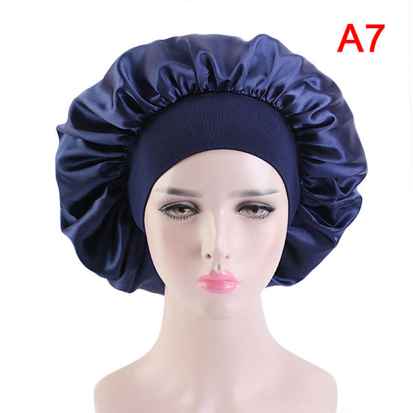 Fashion Big Size Satin Silk Bonnet Sleep Night Cap Head Cover Navy