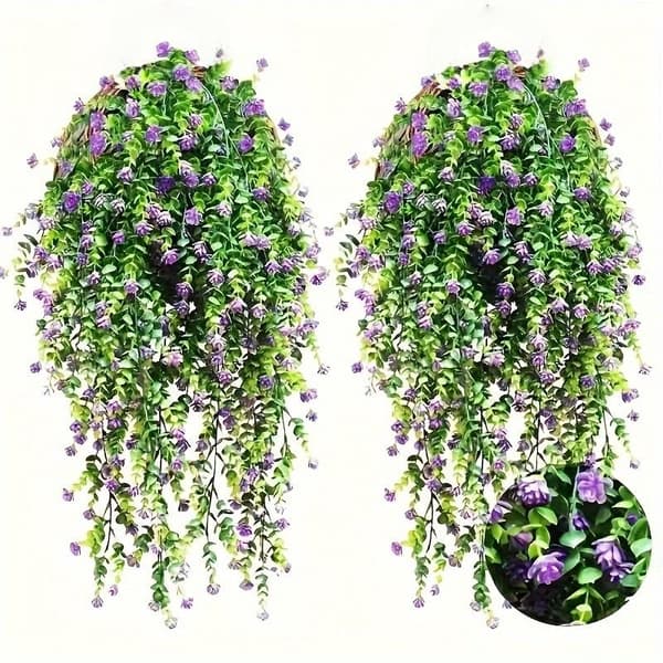 2 stk. kunstige hængeblomster med eukalyptusblade grønnere A5