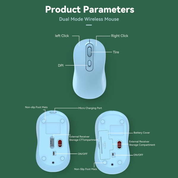 Oppladbar Bluetooth-kompatibel trådløs mus 2.4G Optical M green 2.4G battery