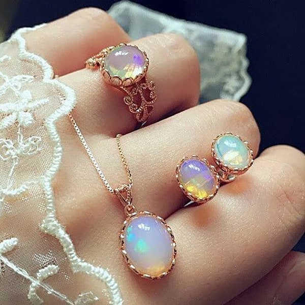 Luksus Elegant Aurora Oval Zircon Halskjede Øredobber Ring smykker