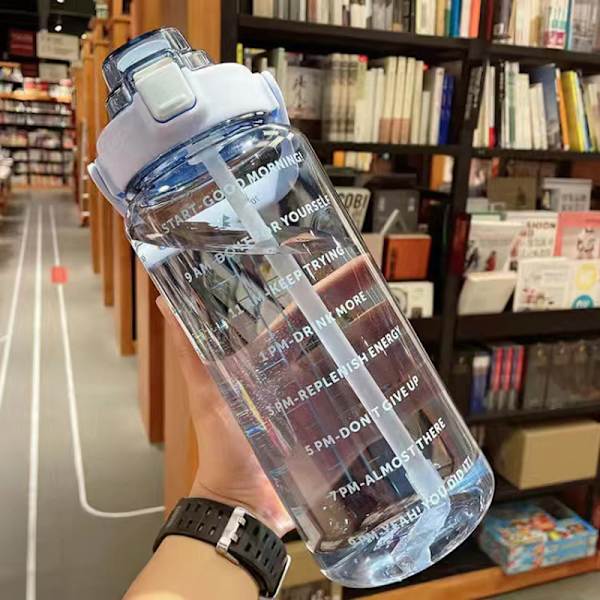 2 liters vannflaske med sugerør, bærbar drikkeflaske for jenter, 2 liter Blue