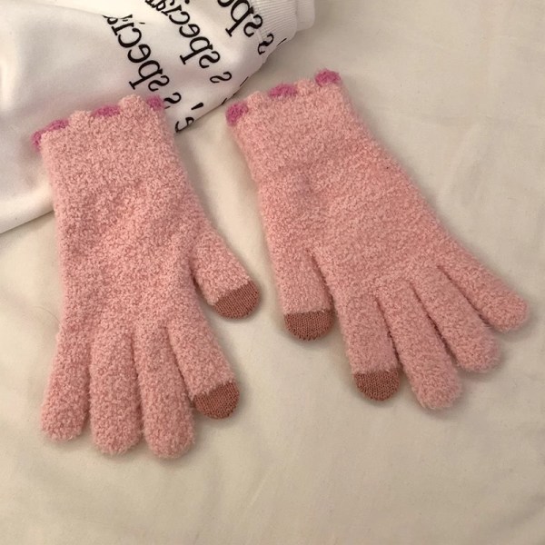 Vinter varma plyschhandskar Candy Color Student Girl Stickad Touch Pink