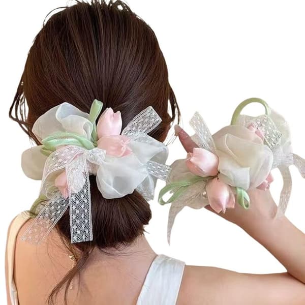 Hårscrunchies til kvinder, tulipaner, sød, blid blonde, alsidig elastik White