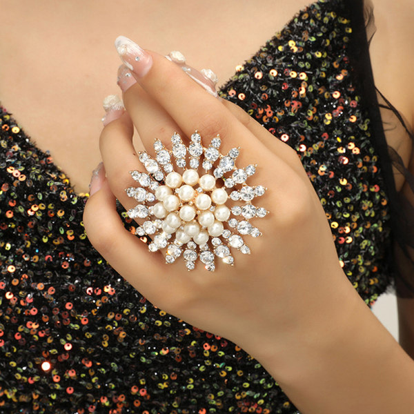 Elegant White Pearl Crystal Flower Kvinner Ring Smykker Accessori B