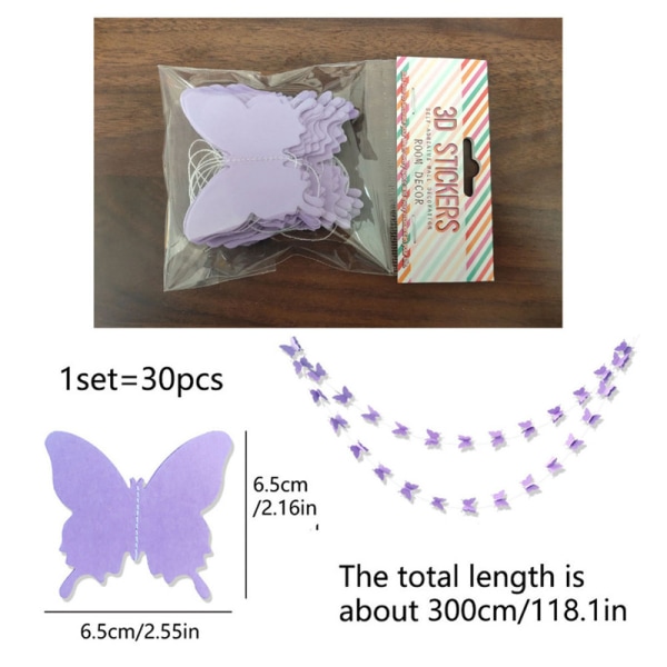 3M 30 kpl Butterfly Paper Garlands -banneri, joka on ripustettu hääkäyttöön Light Purple