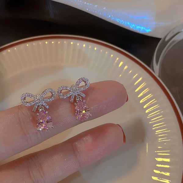 1/2Pair Shining Pink Zircon Waterdrop Bow Stud Korvakorut Romanti B