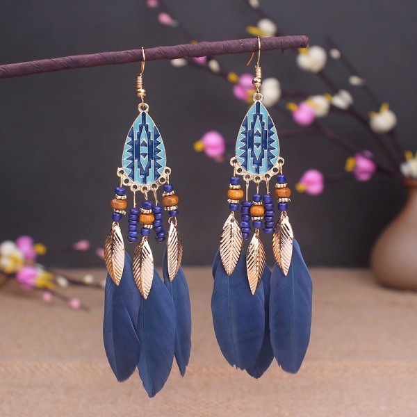 Sommer Bohemian Long Feather Dangle Øreringe Til Kvinder Beach Ta navy blue