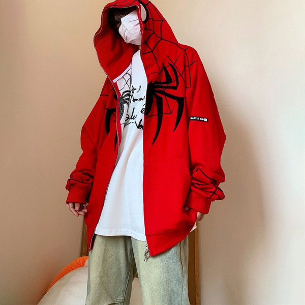 Spider Hoodie Dam Zip Up Casual Streetwear Retro Oversized Sw Red L