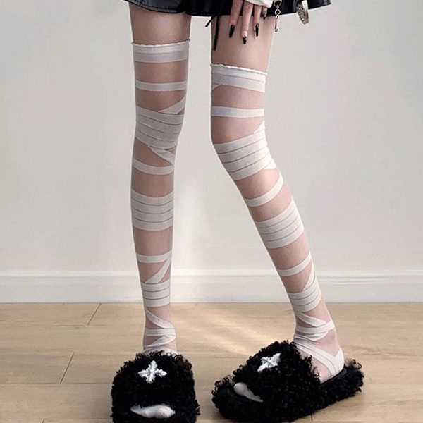 Kvinder Bandage Stripe Langstrømper Kvinde Lolita Jk Y2k Sexet White
