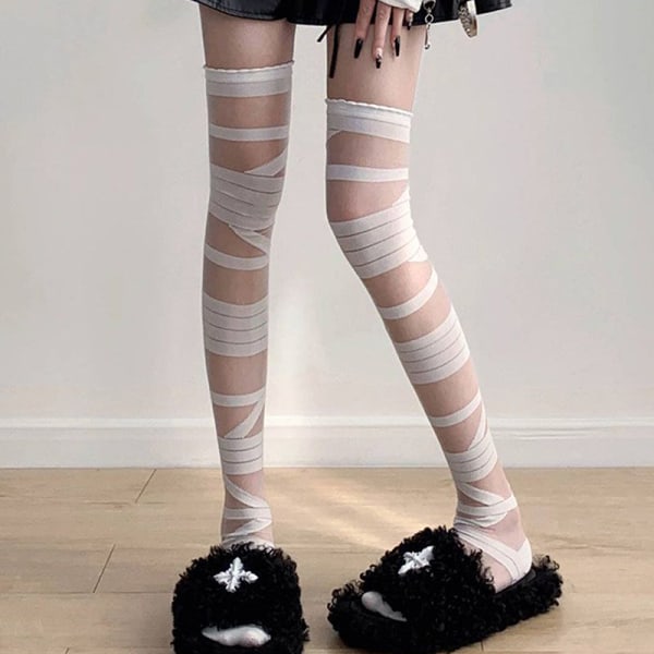 Kvinnor Bandage Stripe Långa strumpor Kvinna Lolita Jk Y2k Sexig Black