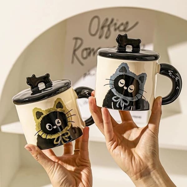 e Katt Keramisk Mugg Med Lock Kaffekopp Drickskopp Kontorspresent 004