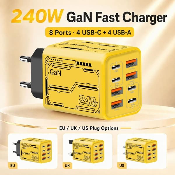 8-i-1 GaN USB C skrivebordslader 240W hurtiglader telefonadapter A6